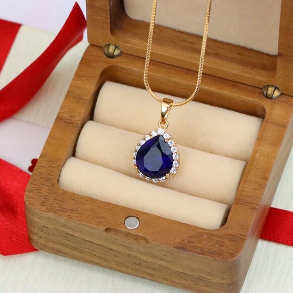 "Teardrop Deep Blue Pendant with Crystal Halo in Rose Gold Finish, XPPT1617 - Picture 6 of 13